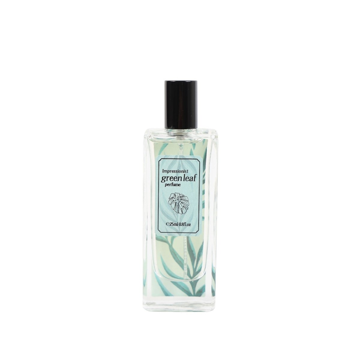 Women’s perfume bottle with green leaf design label and black spray cap, 25 ml
