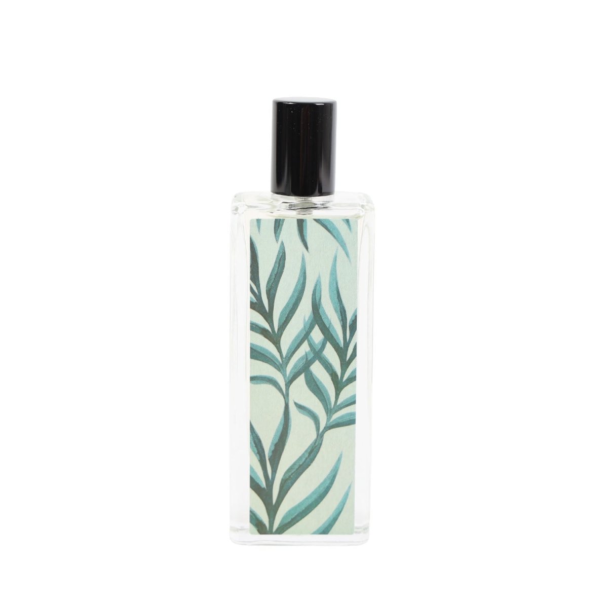 Women’s perfume bottle with green leaf panel and black spray cap, 25 ml