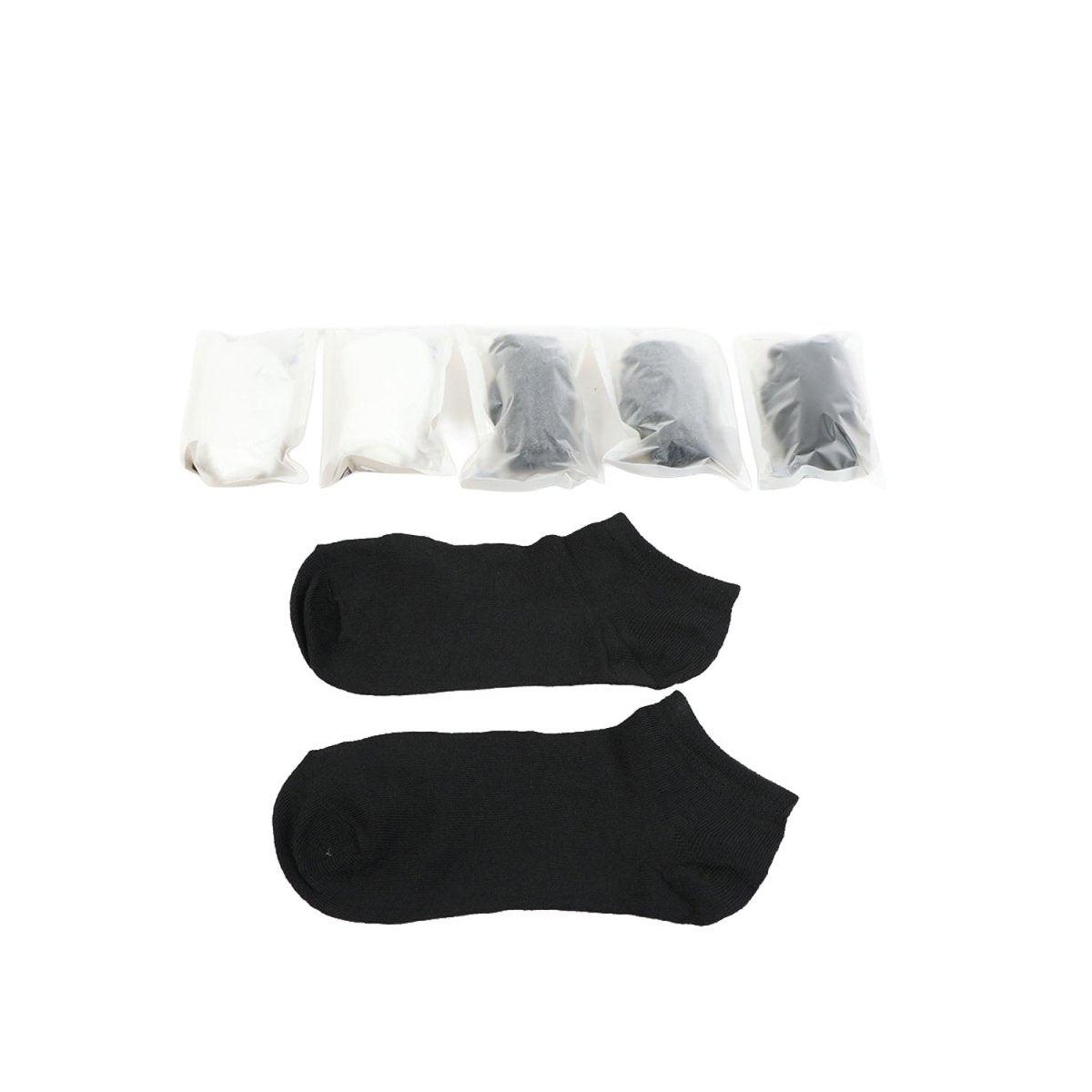 Pair of black ankle disposable socks laid flat
