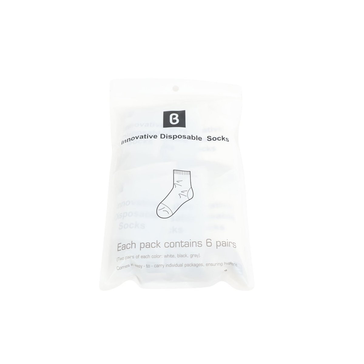 White packaging pouch with sock icon and 6 pairs text