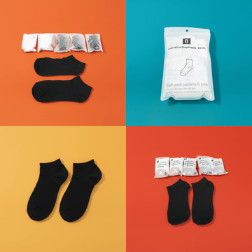 Disposable socks pack with black ankle socks, includes 6 pairs in sealed sachets