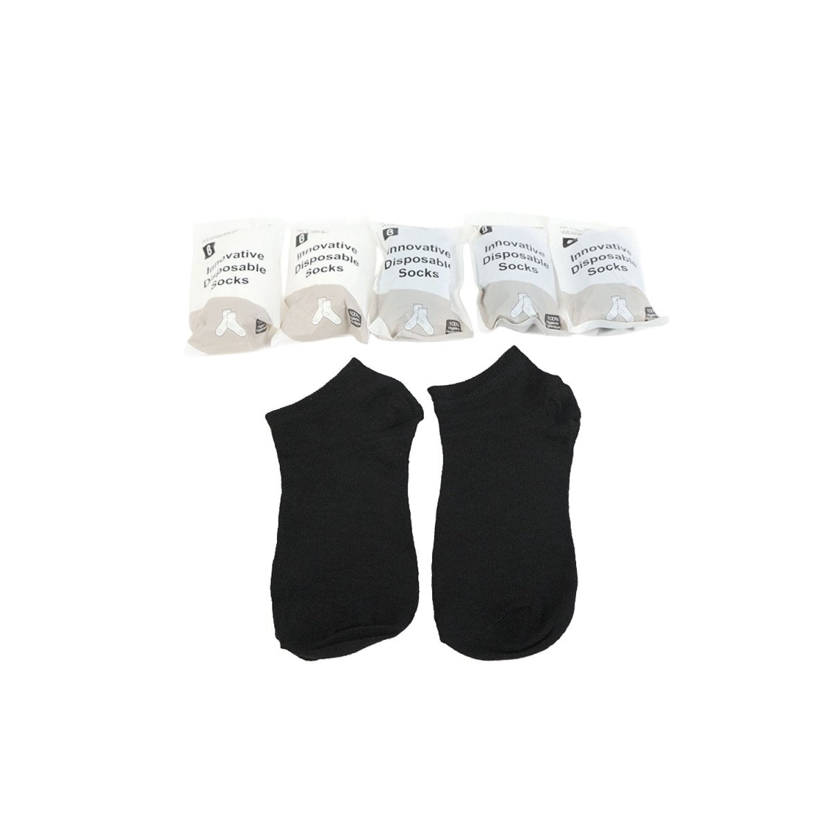 Disposable ankle socks with two black pairs and multiple white packs