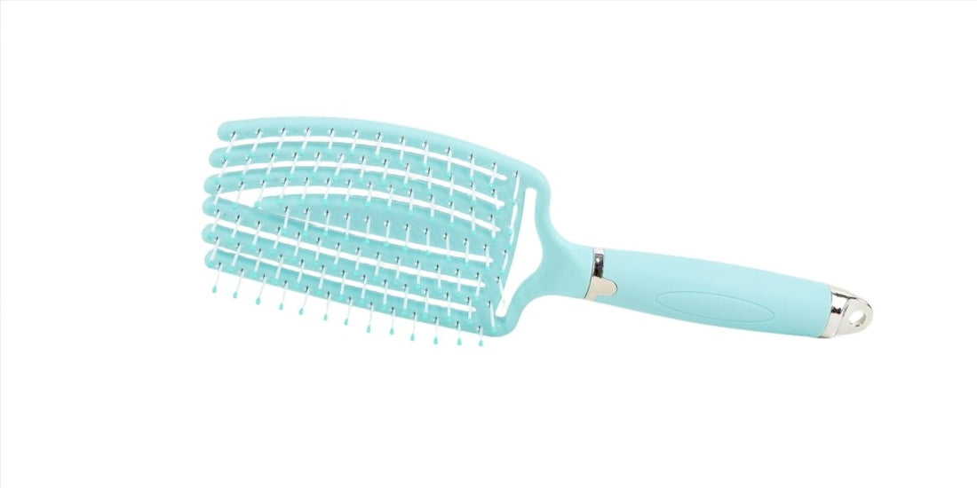 Light blue plastic hair brush with pin bristles and contoured ergonomic handle