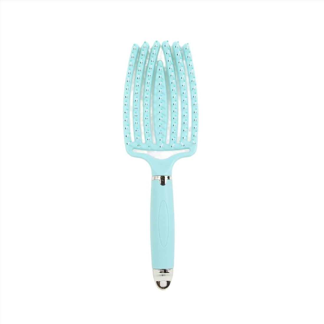 Light blue plastic hair brush with flower pattern back and ergonomic handle