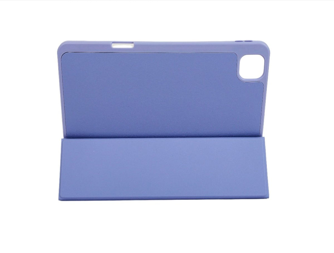 Tablet protective folio case with flap, dark purple exterior and camera opening