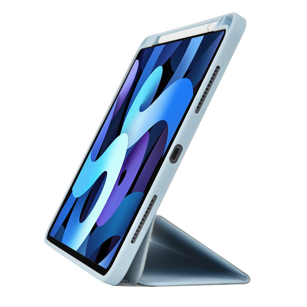 Light blue iPad protective folio case folded as a standing cover with port cutouts