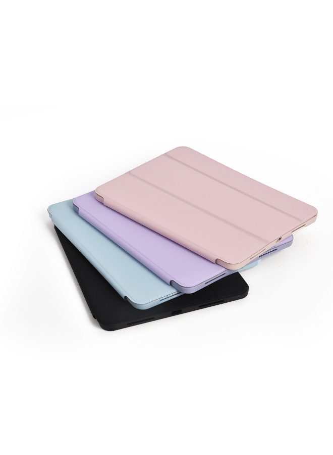 Stack of iPad protective folio cases in light blue, purple, rose, and black