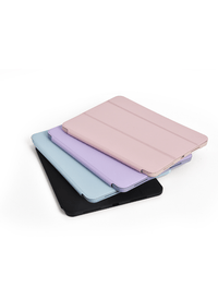 Stack of iPad protective folio cases in light blue, purple, rose, and black