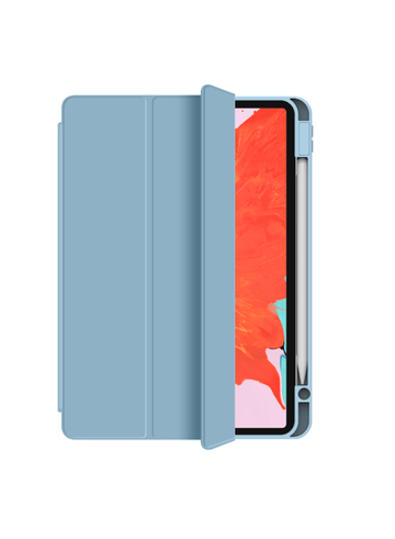 Blue iPad protective folio case with three-fold stand and cutouts for ports