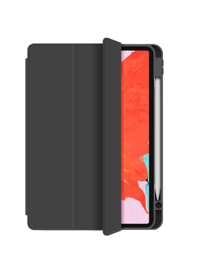 Dark gray folio iPad case with Apple Pencil holder, open view showing iPad