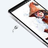 White stylus pencil angled on tablet with watercolor artwork