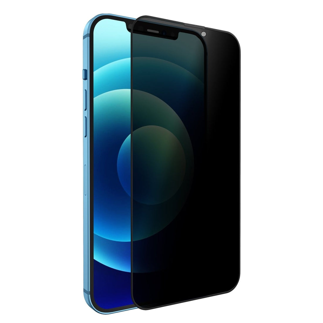 iPhone 14 privacy screen protector, dark tinted glass film on angled phone screen