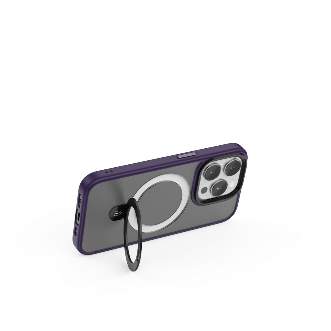 iPhone 14 Pro Max case with ring holder, angled view, purple trim and dark back