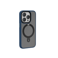 Phone case with circular ring holder, dark gray with blue bumper around edges.