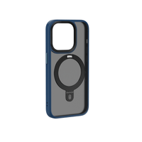 Phone case with circular ring holder, dark gray case with blue edges.