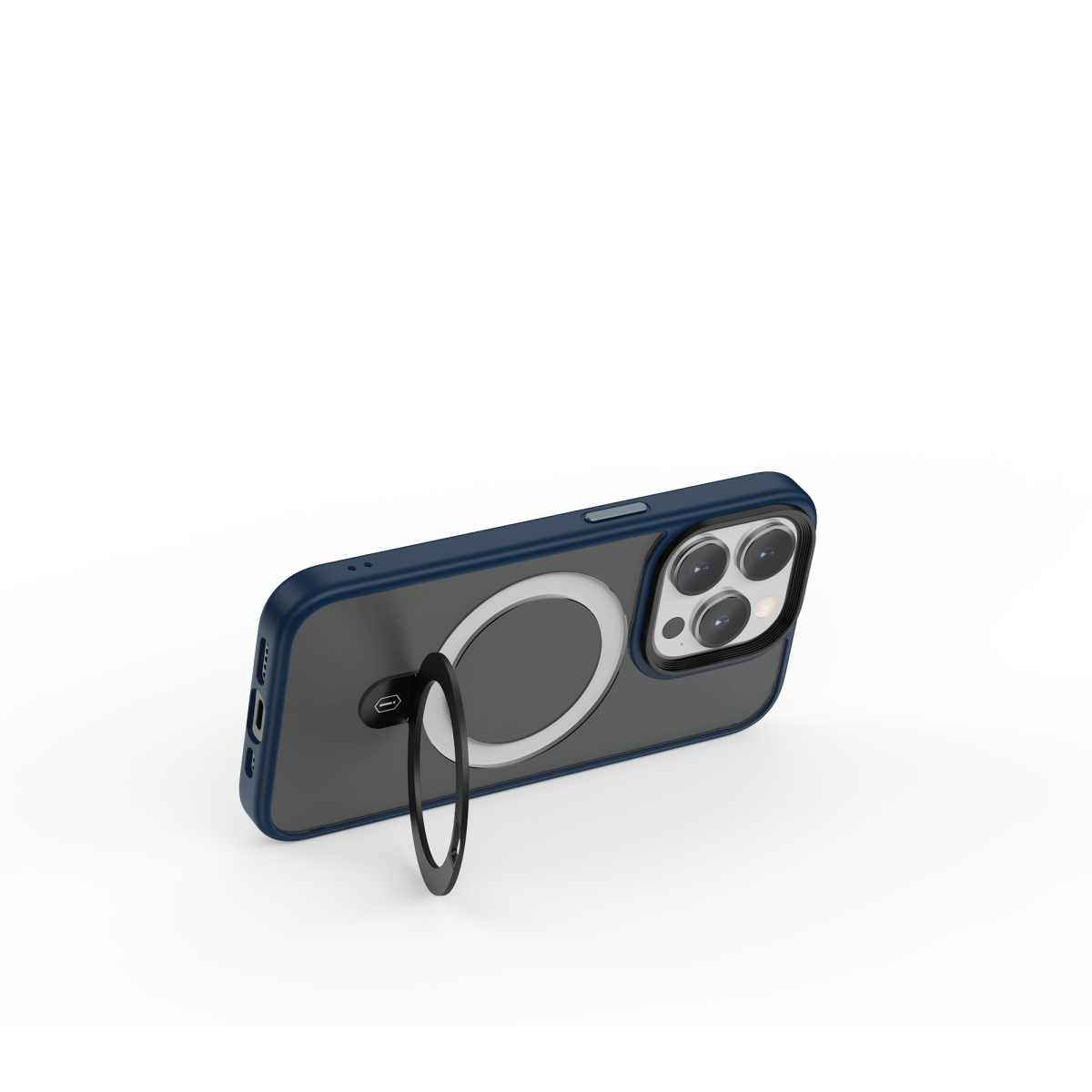 Phone case with ring holder, dark gray back and visible side camera cutouts.