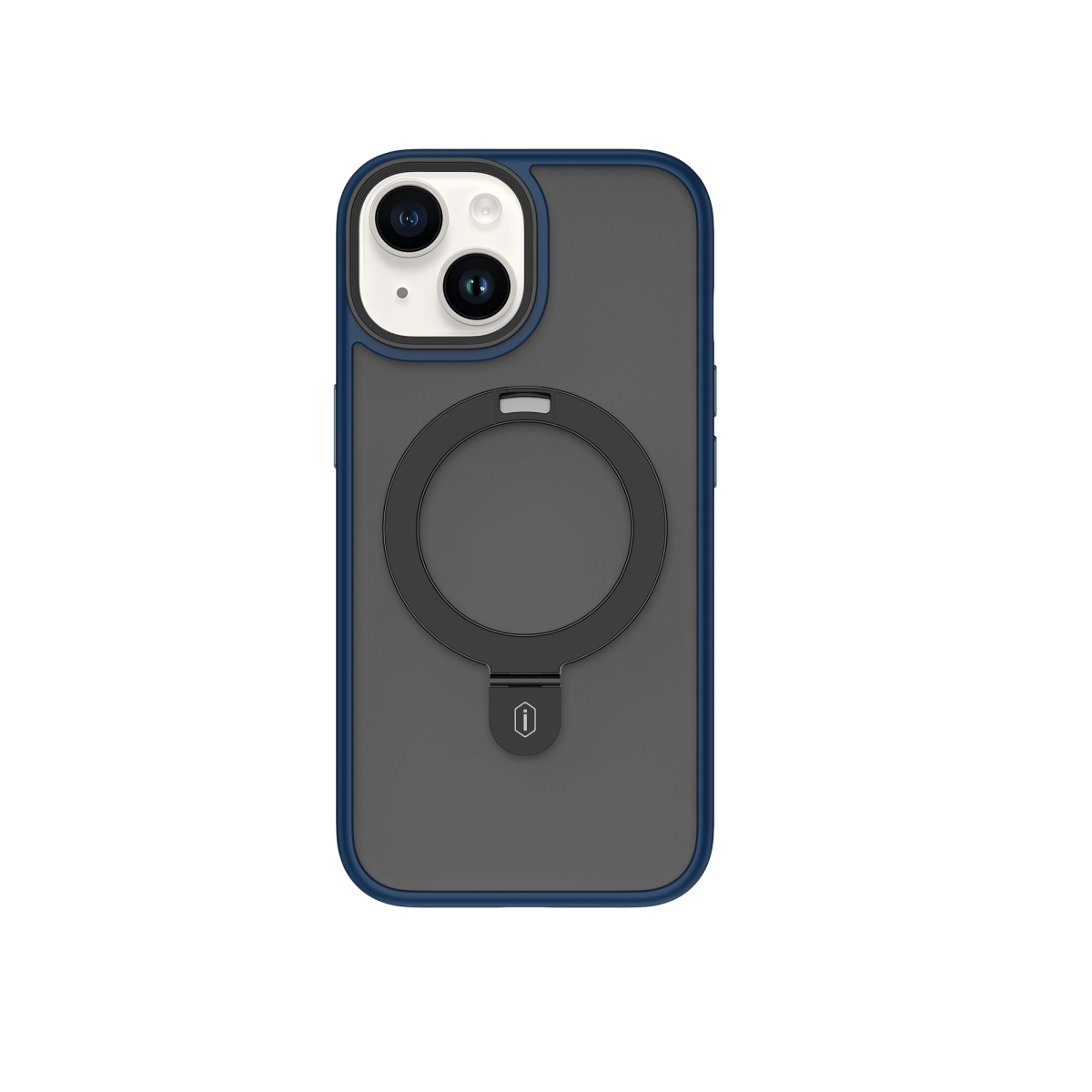 Phone case with circular ring holder, dark gray back and blue protective frame.