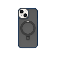 Phone case with circular ring holder, dark gray back and blue protective frame.