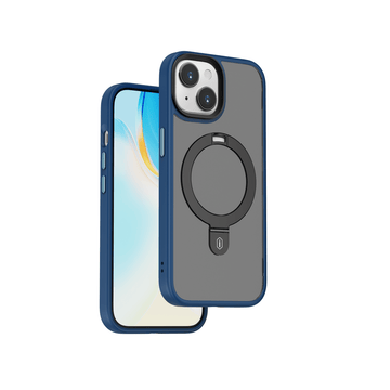 Phone case with circular ring holder, dark gray back and blue side bumper.