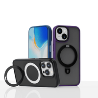 Phone case set with ring holders, dark gray, blue, and purple backs with circular grips.
