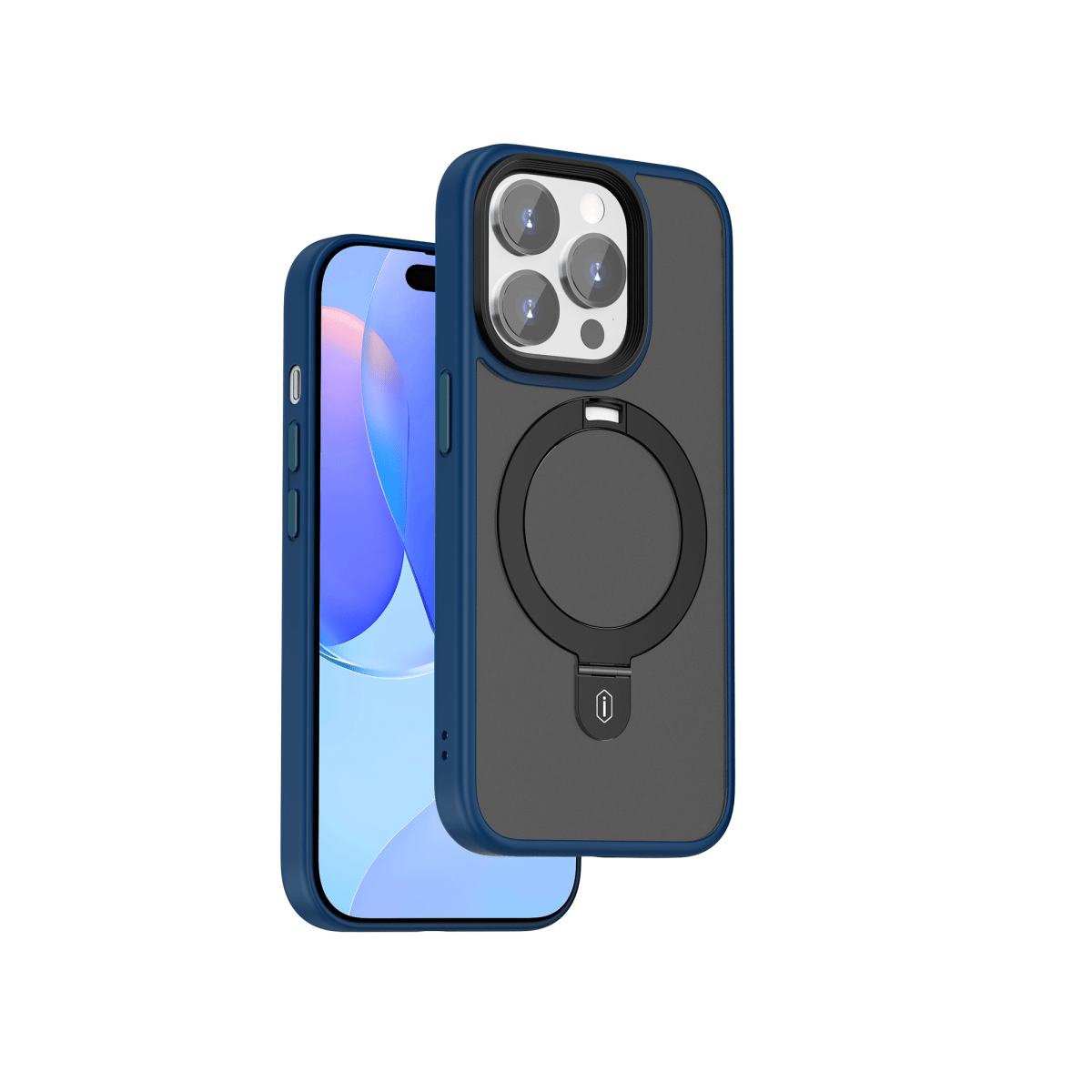 Phone case with ring holder, dark gray back and blue edge with side button openings.