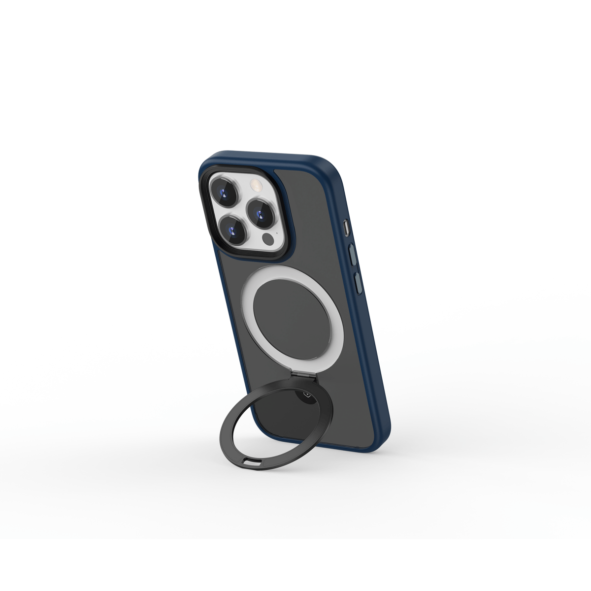 Phone case with circular ring holder, dark gray back and ring extended for grip.