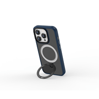 Phone case with circular ring holder, dark gray back and ring extended for grip.