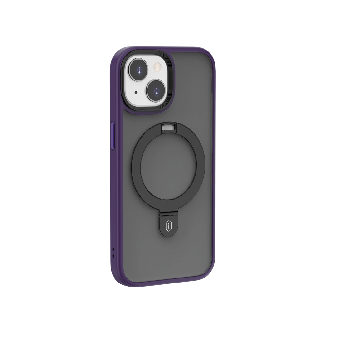 Purple phone case with built-in ring holder and camera cutouts