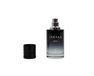 JAKSAA men's perfume bottle with silver cap and matching black lid