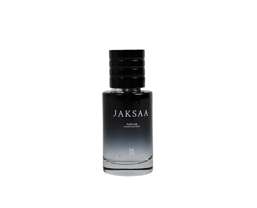 Mens JAKSAA perfume bottle with silver cap and dark glass body