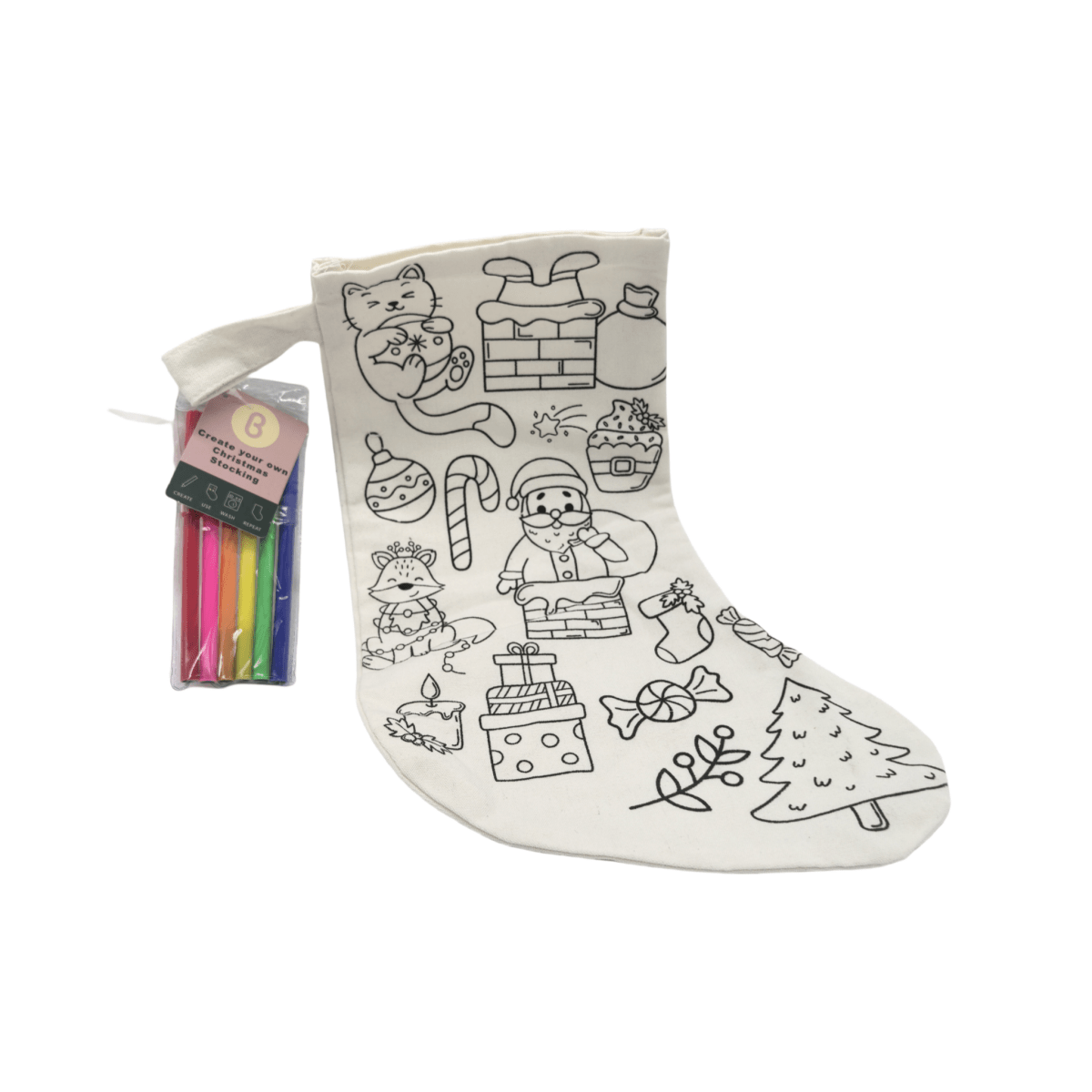Coloring Christmas stocking in cream fabric with black line-art scenes