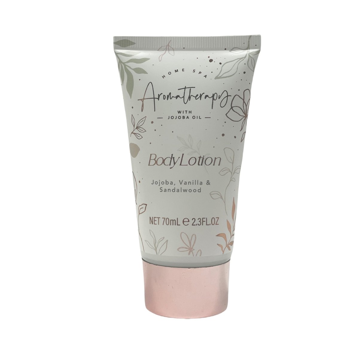 Body lotion tube with jojoba oil, vanilla and sandalwood; white label and pink base
