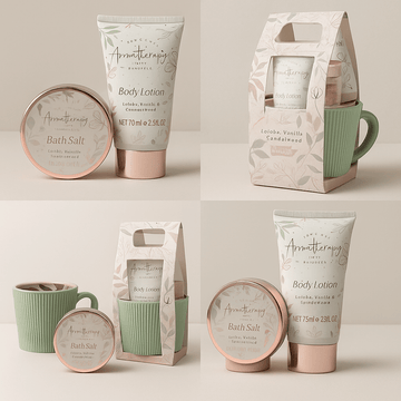 Bath and body gift set with body lotion tube, bath salt tin, and gift bag