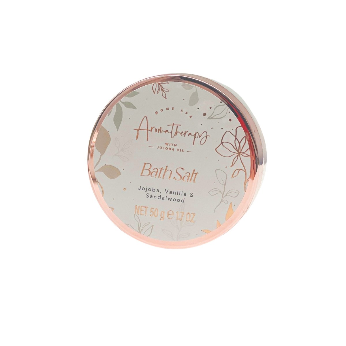 Bath salt tin with rose-gold rim and floral label for jojoba oil, vanilla, sandalwood
