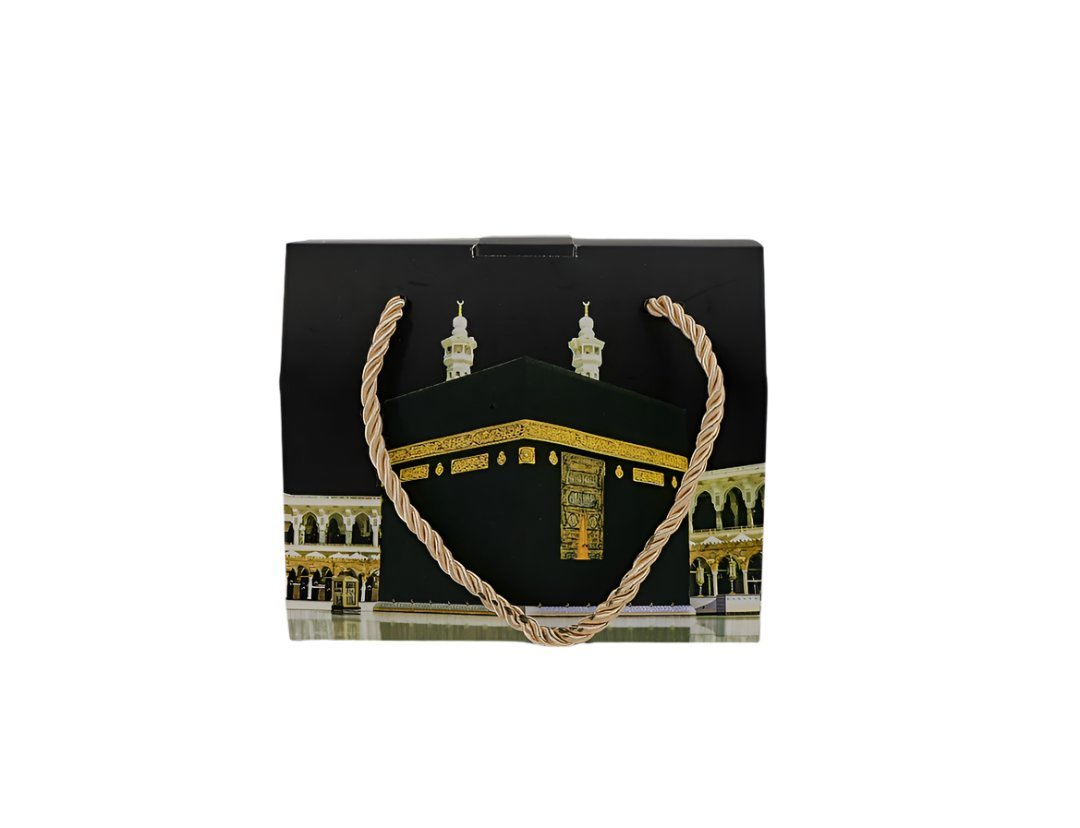 Kaaba gift box with front Kaaba print, braided rope handles, top flap