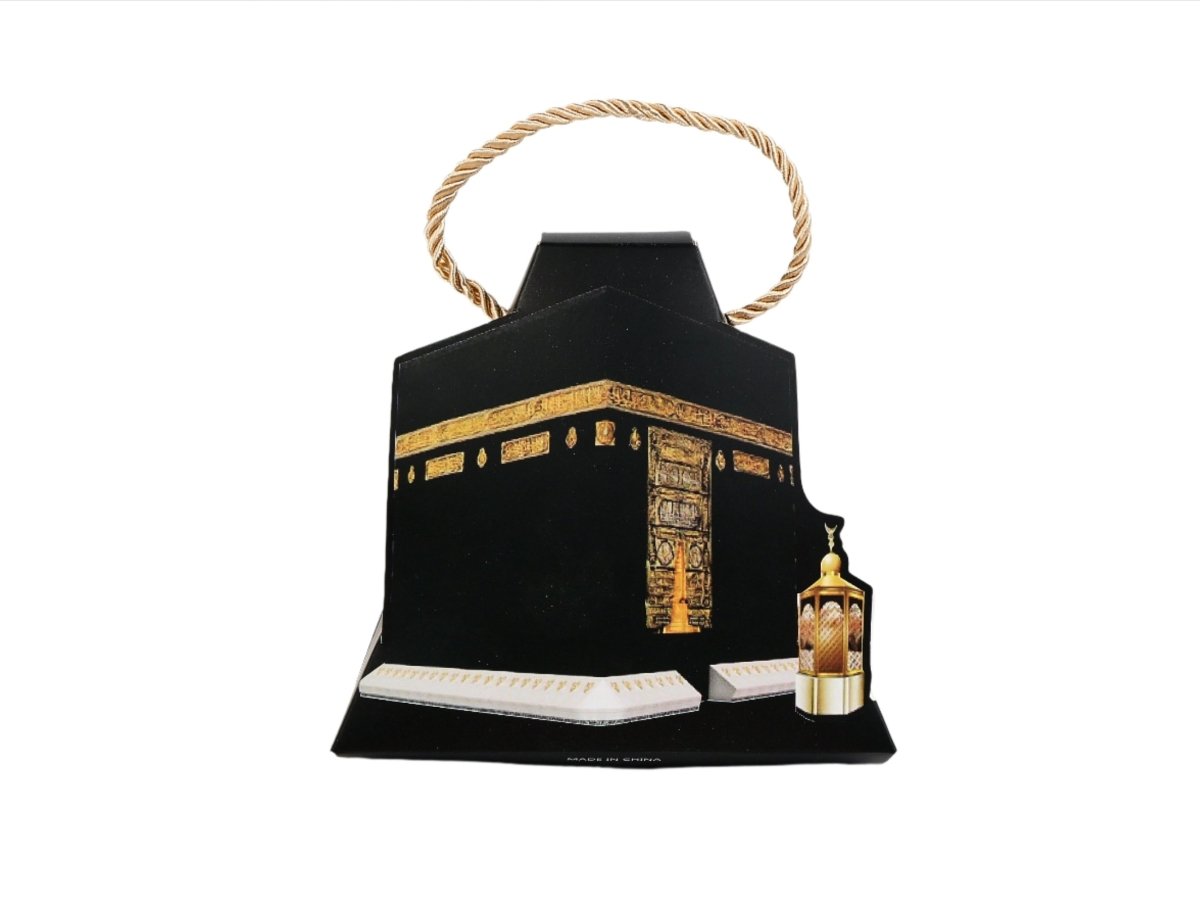 Kaaba gift box with rope carry handle, black and gold Kaaba design, lantern.