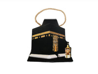 Kaaba gift box with rope carry handle, black and gold Kaaba design, lantern.
