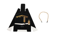 Kaaba gift box, black base with gold Kaaba print and rope handle ends, lantern.