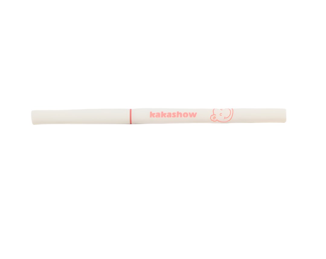 Eyeliner pencil with white barrel and Kakashow logo, red-pink end