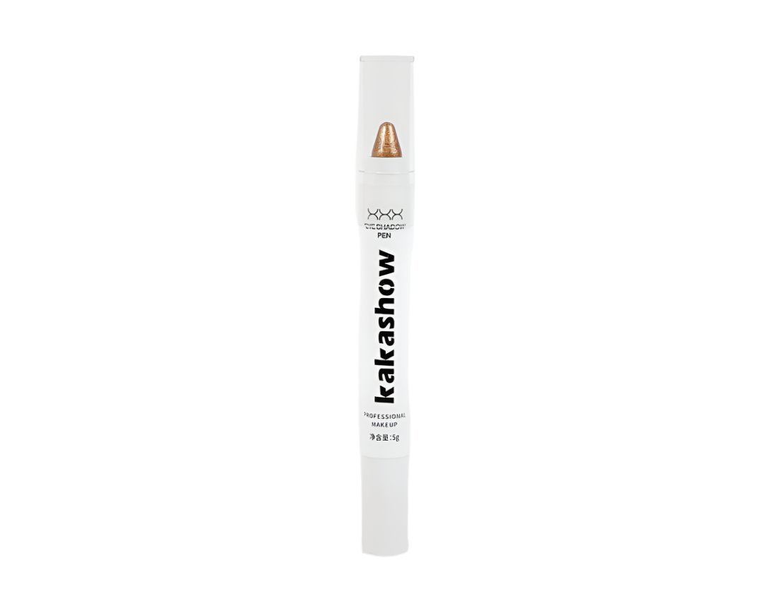 Kakashow shimmer eyeshadow pen in white tube with bronze tip, capped