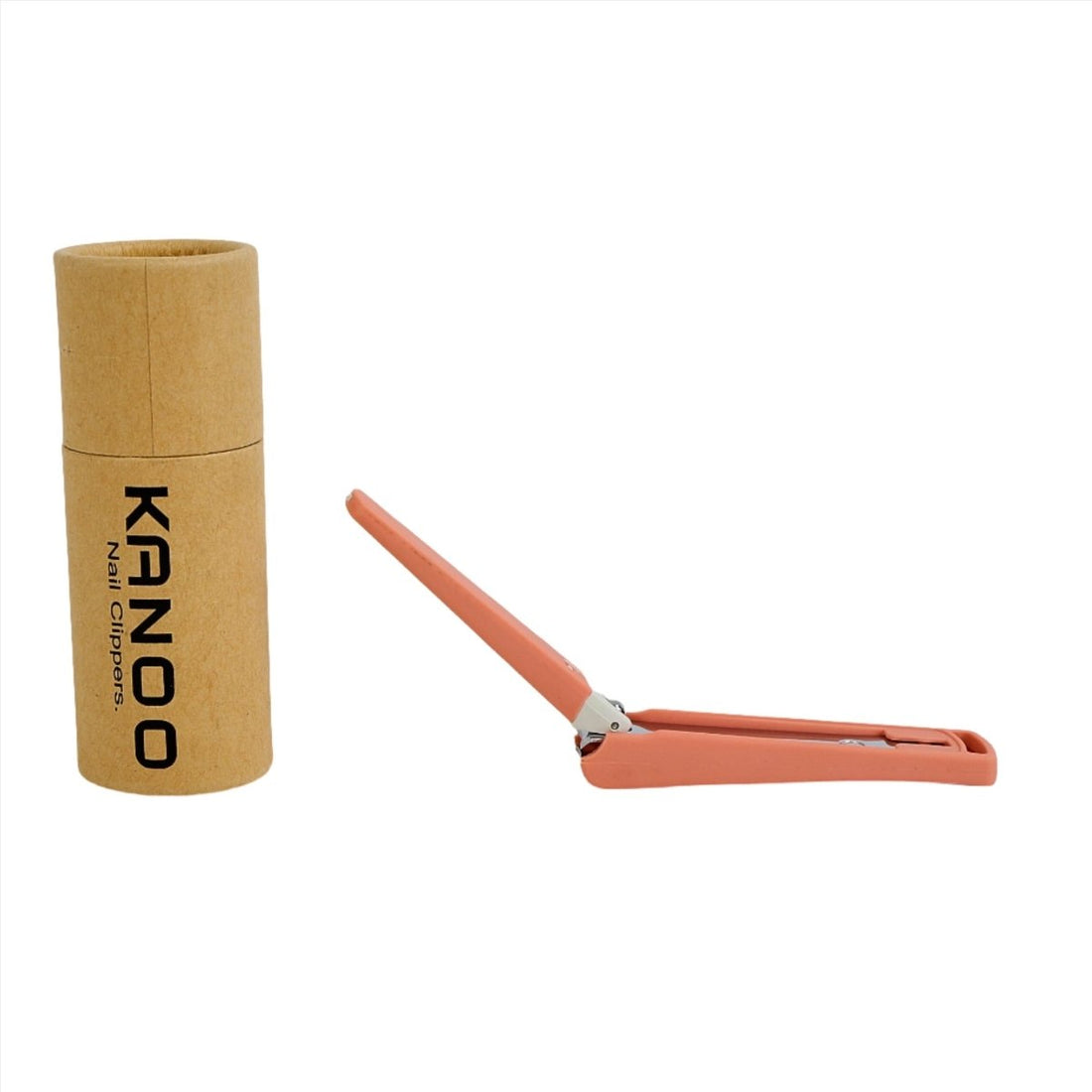 Nail clippers with orange handle beside brown cardboard case