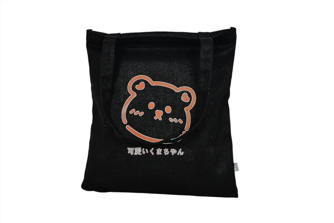 Black Kawaii bear tote bag with cartoon bear print and top handles