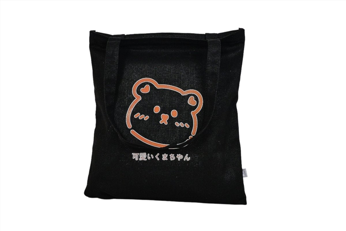 Black Kawaii bear tote bag with cartoon bear print and top handles