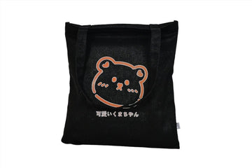 Black Kawaii bear tote bag with cartoon bear print and top handles