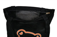 Black bear tote bag front close-up with cartoon bear print and top handle