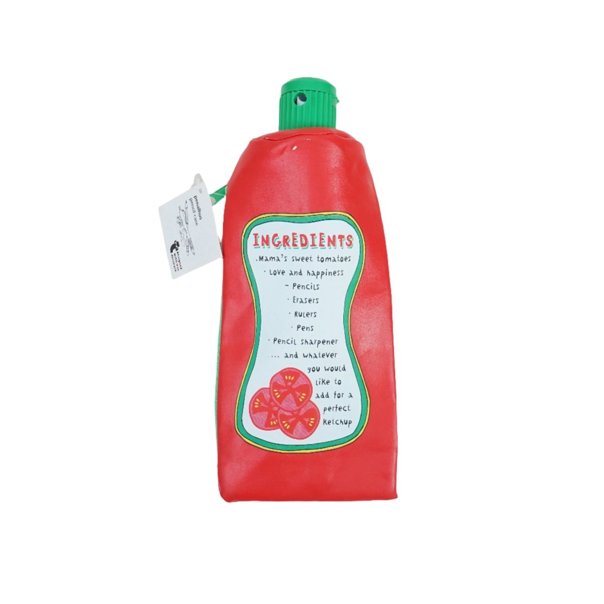 Red ketchup-shaped pencil case with green cap and Ingredients label on back