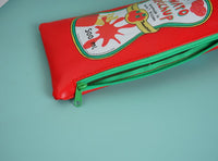 Red ketchup-shaped pencil case with green zipper trim and metal zipper pull