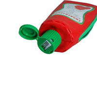 Red ketchup-shaped pencil case with green cap and visible metal zipper slide