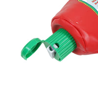 Red ketchup pencil case with green ribbed cap and snap closure detail