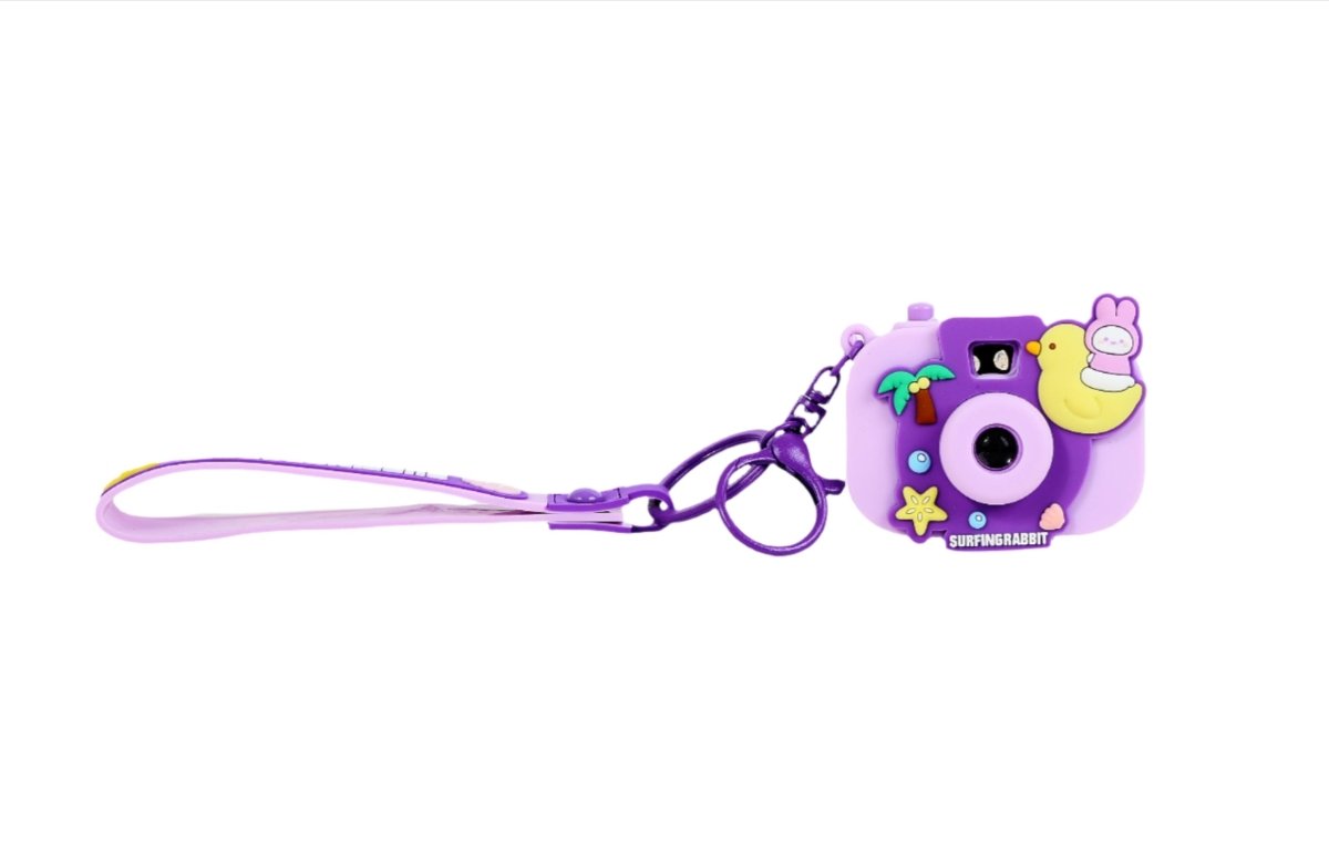 Purple silicone keychain camera with long strap and SURFINGRABBIT charm